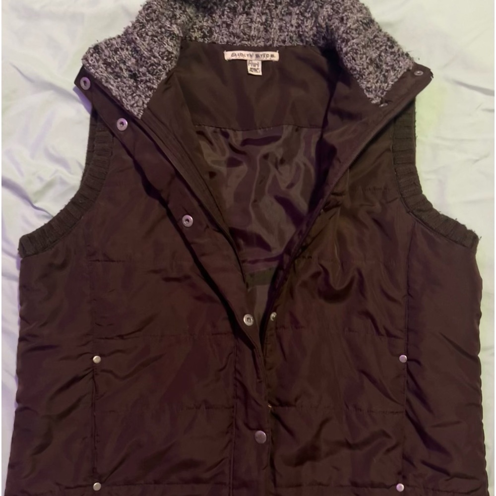 brown zip up + button up vest